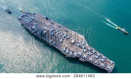 Navy Nuclear Aircraft Carrier, Military Navy Ship Carrier Full Loading Fighter Jet Aircraft, Aerial 