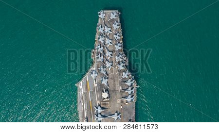Navy Nuclear Aircraft Carrier, Military Navy Ship Carrier Full Loading Fighter Jet Aircraft, Aerial 