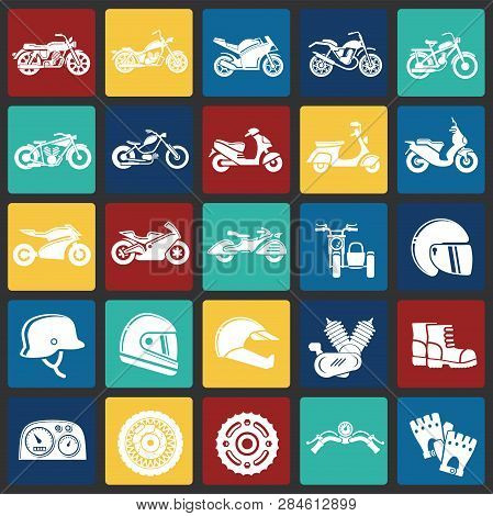 Motorcycle Icons Set On Color Squares Background For Graphic And Web Design, Modern Simple Vector Si