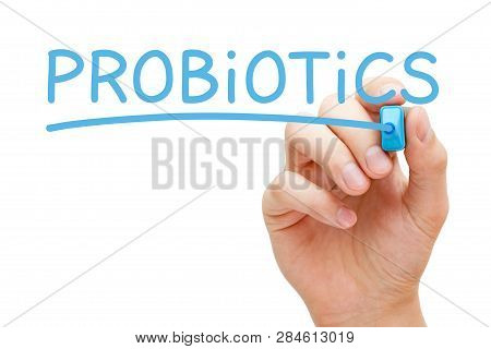 Hand Writing The Word Probiotics With Blue Marker. Live Good Bacteria And Yeasts That Are Beneficial