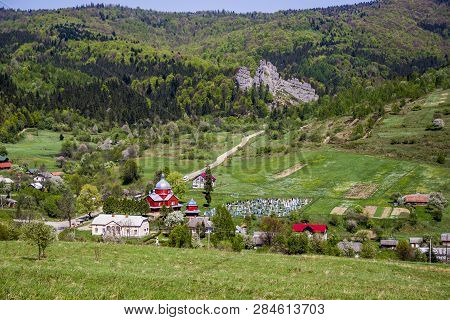 Landscape Of Ukrainian Village Urych Near The Place Of Tustan Fortress - A Medieval Cliff-side Fortr