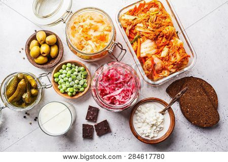 Probiotics Food Background. Kimchi, Beet Sauerkraut, Sauerkraut, Cottage Cheese, Olives, Bread, Choc