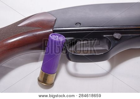 A Purple 12 Gauge Shotgun Shell Next The The Trigger Guard Of A 12 Gauge Shotgun On A White Backgrou