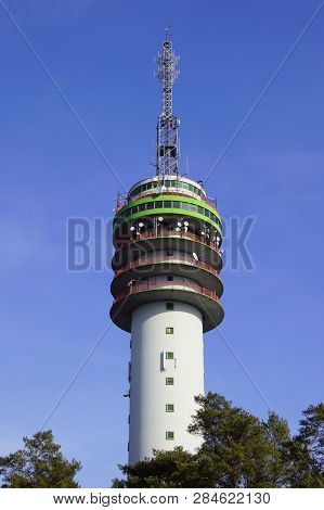 Mierlo, The Netherlands - February 17, 2019: Television Tower Mierlo A 105 Meter High Concrete Telec