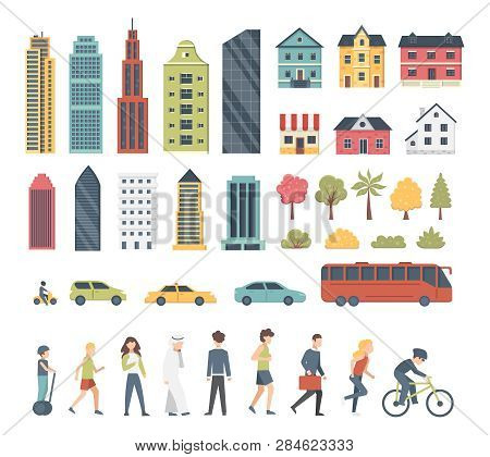City Constructor Elements In Cartoon Style With Trees, Houses, Transport And Peopple. Cityscape Mode