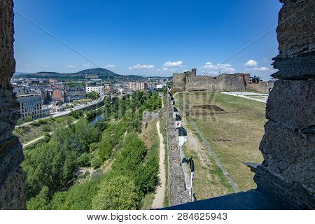 Ponferrada, Leon, Spain; June 2017: View Of The Wall Of Templar Castle In The  City Of Ponferrada Pr