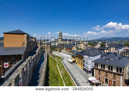 Ponferrada, Leon, Spain; June 2017: View Of The Wall Of Templar Castle In The  City Of Ponferrada Pr