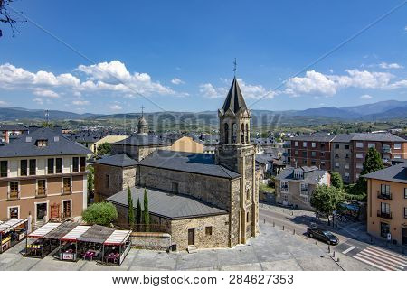 Ponferrada, Leon, Spain; June 2017: View Of  San Andreas Church In Center Historic Of Ponferrada In 