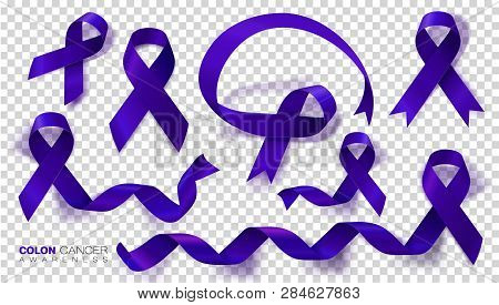 Colon Cancer Awareness Month. Dark Blue Color Ribbon Isolated On Transparent Background. Set. Colore