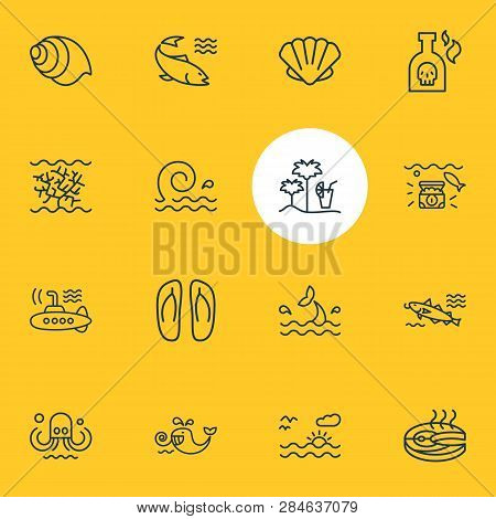 Vector Illustration Of 16 Nautical Icons Line Style. Editable Set Of Cod Fish, Fish Steak, Cetacean 