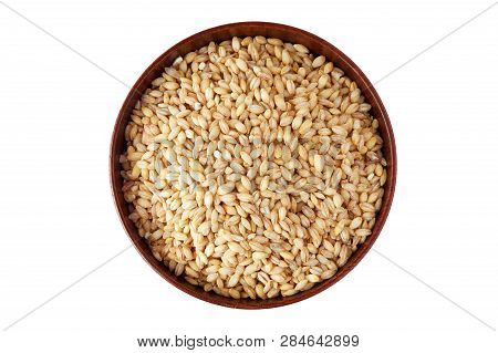 Barley Grain (hordeum Vulgare) In Wooden Bowl Isolated On White Background