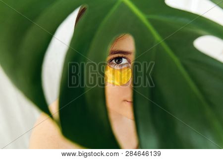 Eye Skin Care And Treatment. Portrait Of Beautiful Young Woman With Golden Eye Patch Under Green Pal