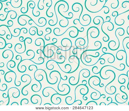Line Spiral Abstract Seamless Pattern Background.curl Ornament Floral Endless Waves Strokes.sea Aqua