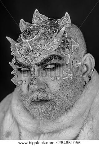 Alien, Demon, Sorcerer Makeup. Demon On Black Background, Close Up. Dark Arts Concept. Senior Man Wi