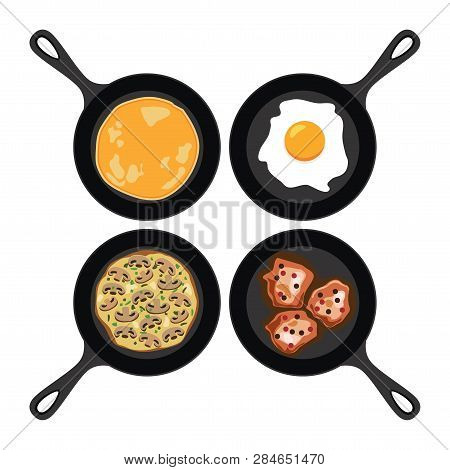 Vector Set Of Pans With Pancake, Fried Egg, Omelet With Mushrooms And Fried Meat. Collection Of Brea