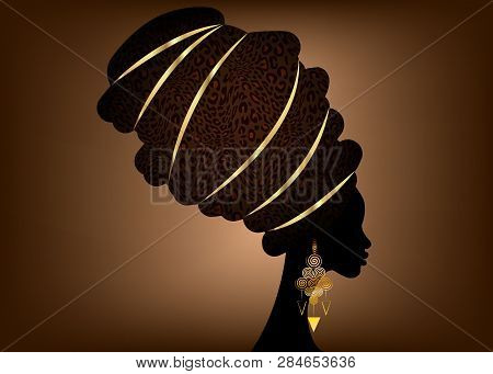 Portrait Beautiful African Woman In Traditional Turban, Kente Head Wrap, Dashiki Printing, Black Afr