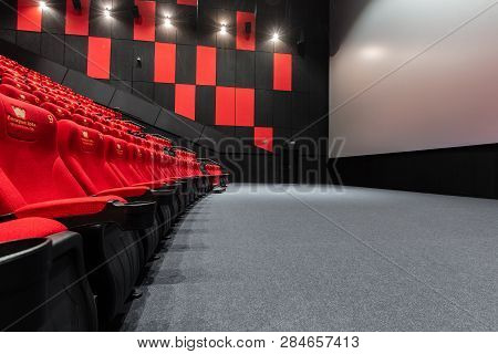Russia, Nizhny Novgorod - November 14, 2016: Cinema Imperia Grez Nebo, Dolby Atmos. Empty Red Cinema