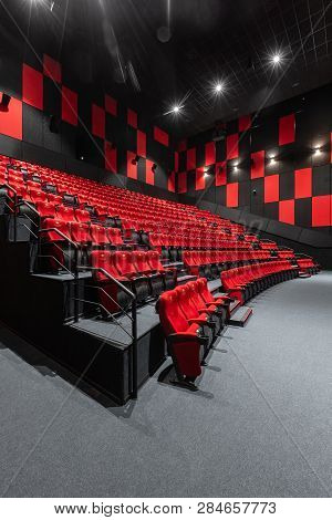 Russia, Nizhny Novgorod - November 14, 2016: Cinema Imperia Grez Nebo, Dolby Atmos. Empty Red Cinema