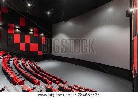 Russia, Nizhny Novgorod - November 14, 2016: Cinema Imperia Grez Nebo, Dolby Atmos. Empty Red Cinema