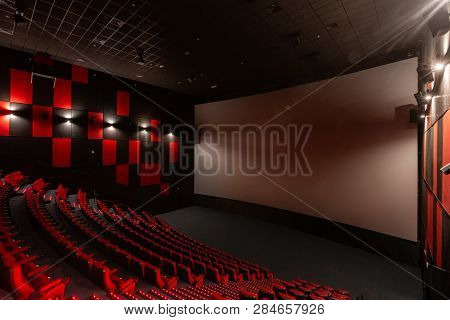 Russia, Nizhny Novgorod - November 14, 2016: Cinema Imperia Grez Nebo, Dolby Atmos. Empty Red Cinema
