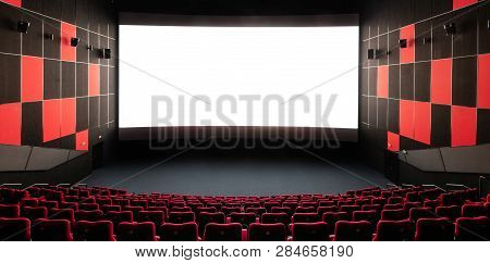 Russia, Nizhny Novgorod - November 14, 2016: Cinema Imperia Grez Nebo, Dolby Atmos. Empty Red Cinema