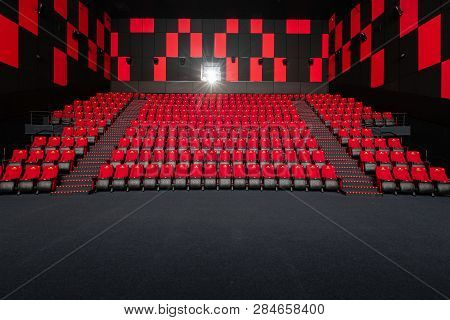 Russia, Nizhny Novgorod - November 14, 2016: Cinema Imperia Grez Nebo, Dolby Atmos. Empty Red Cinema