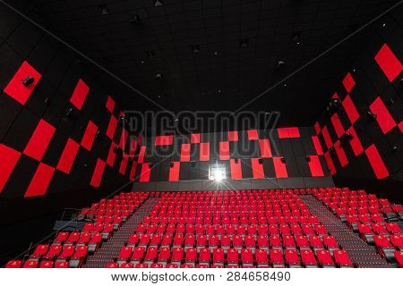 Russia, Nizhny Novgorod - November 14, 2016: Cinema Imperia Grez Nebo, Dolby Atmos. Empty Red Cinema