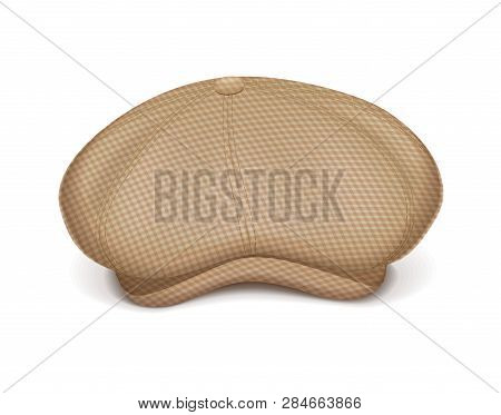 Flat Peaked Cap. Classic Head Male Hat. Stylish Tweed Headgear. Mens Wear. View. Isolated White Back