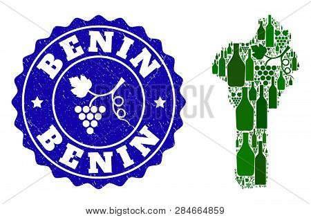 Vector Collage Of Wine Map Of Benin And Grape Grunge Stamp. Map Of Benin Collage Formed With Bottles