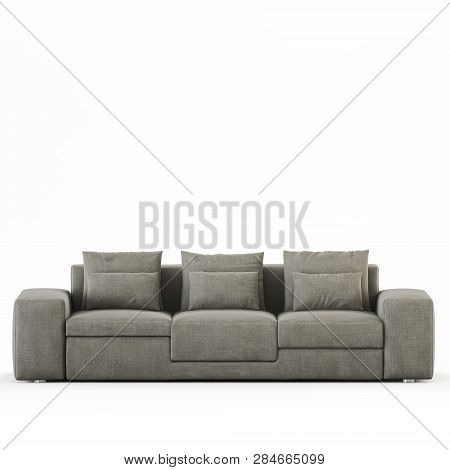Three-seater Sofa With Pillows On A White Background Front View 3d Rendering