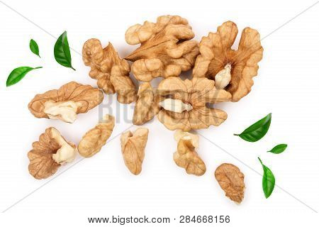 Peelled Walnuts Isolated On White Background. Top View. Flat Lay