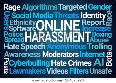 Online Harassment Word Cloud on Blue Background