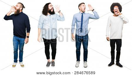 Collage of group of young men over white isolated background shouting and screaming loud to side with hand on mouth. Communication concept.