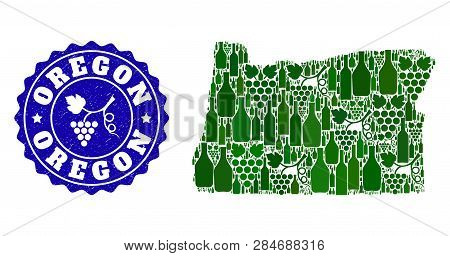 Vector Collage Of Wine Map Of Oregon State And Grape Grunge Seal. Map Of Oregon State Collage Create