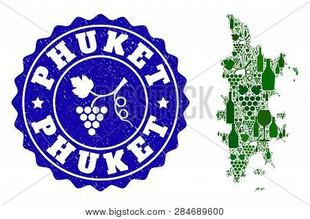 Vector Collage Of Wine Map Of Phuket And Grape Grunge Stamp. Map Of Phuket Collage Designed With Bot