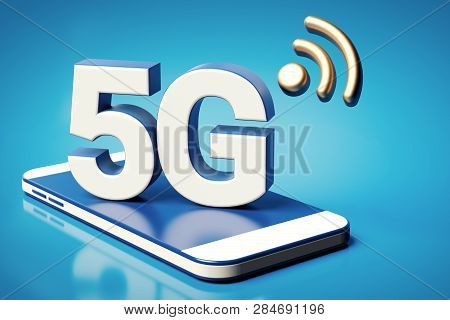 5g White Letters Standing On A Simplified Smartphone. Blue Background With Copyspace. 3d Rendering