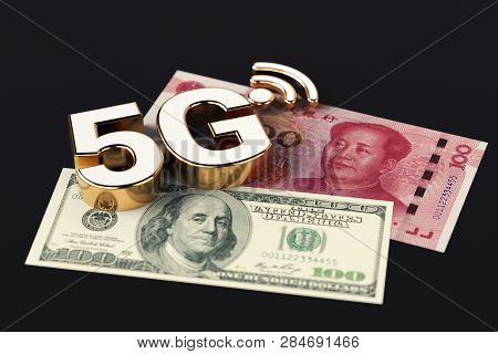5g High Speed Communication Network Symbol Standing On Chinese Yuan And American Dollar Bills Isolat