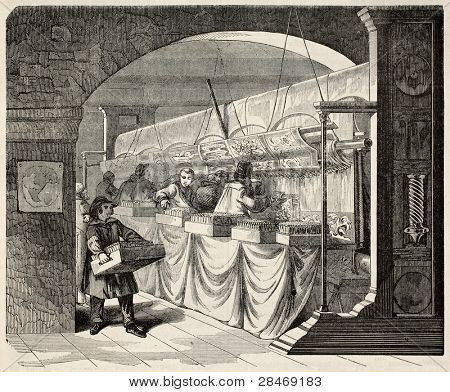 Illustrazione antica manifattura Gobelins, interni officina. Di autore non identificato, pubblicato su Magas