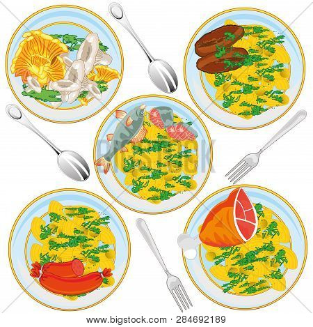 Varied Kitchen Guard Fish, Meat And Noodles.vector Illustration