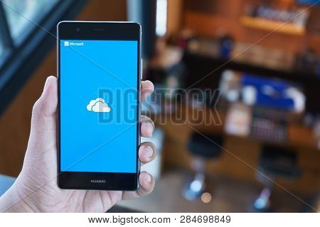 Chiang Mai, Thailand - April 21,2018: Man Holding Huawei With Onedrive On Screen. Microsoft Onedrive