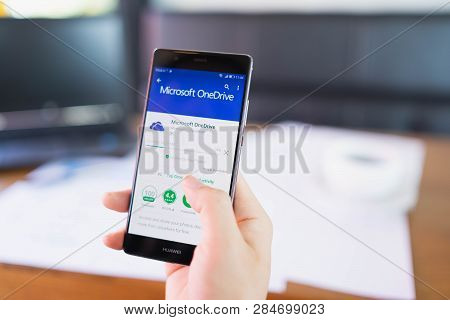 Chiang Mai, Thailand - May 06,2018: Man Holding Huawei With Onedrive On Screen. Microsoft Onedrive I