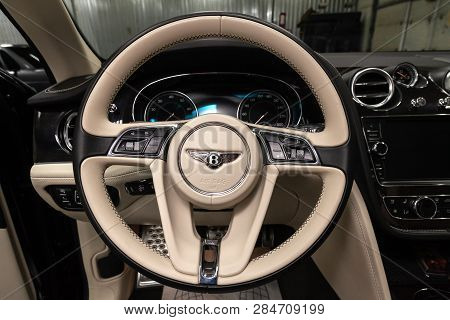 Novosibirsk, Russia - 08.01.18: Interior View With Steering Wheel Of Luxury Very Expensive New Black