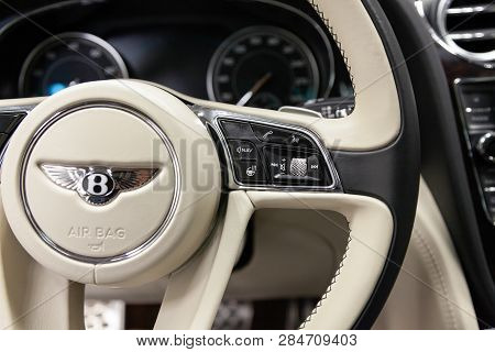 Novosibirsk, Russia - 08.01.18: Interior View With Steering Wheel And Buttons Of Luxury Very Expensi