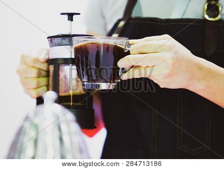Barista Is Making Coffee, Coffee Preparing With Chemex, Chemex Dripping Hot Fresh Coffee