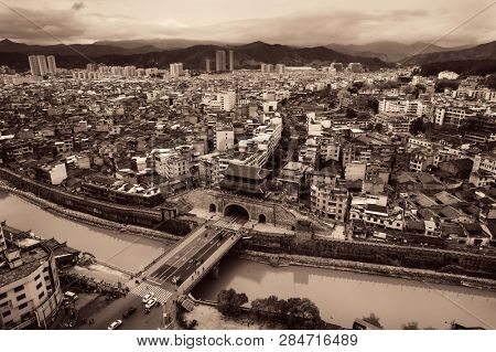 FUJIAN, CHINA â MARCH 2, 2018: Aerial view with historic architecture in Changting city in Fujian, China. 