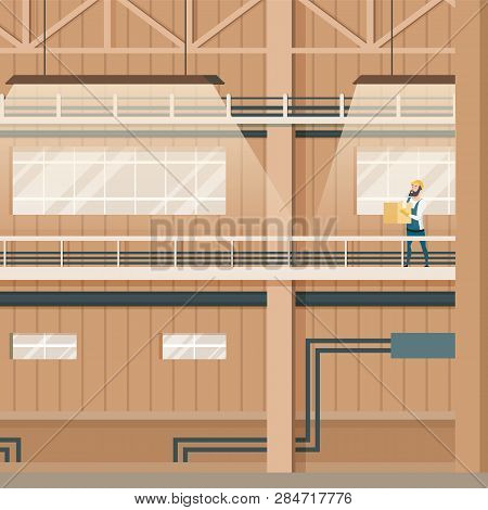 Industrial Factory Empty Warehouse Indoor Design. Storage Interior. Depot Worker In Overall Uniform 