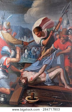 WURZBURG, GERMANY - JULY O4, 2018: The Passion of Jesus, painting in the Neumunster Collegiate Church in Wurzburg, Germany