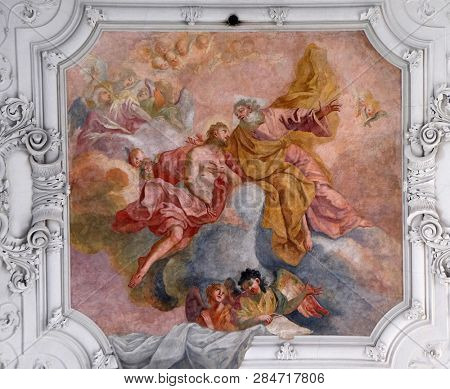 WURZBURG, GERMANY - JULY O4, 2018: Jesus returns to His Father in heaven, fresco in Neumunster Collegiate Church in Wurzburg, Germany