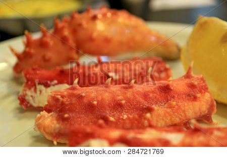 Closed Up Mouthwatering King Crab Leg Meat, The Famous Dish Of Ushuaia, Tiera Del Fuego, Argentina