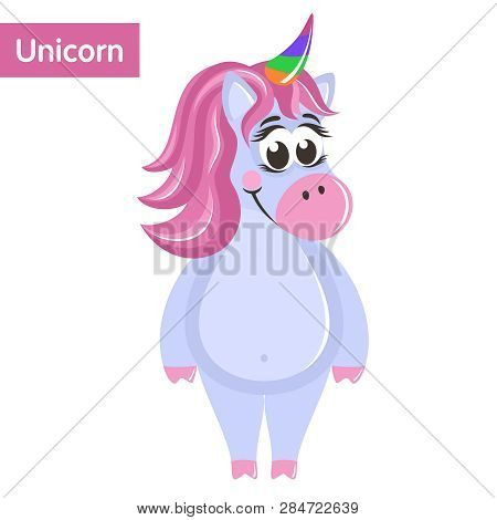 Cute Purple Unicorn With A Pink Mane And Multi-colored Horn. Funny Cartoon Character On White Backgr